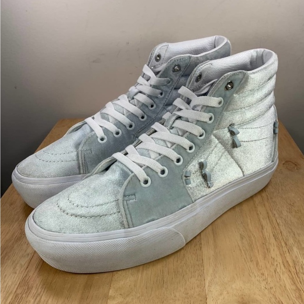 Vans Sk8-Hi Platform Light Blue Velvet White High Top Chunky Casual Sneakers